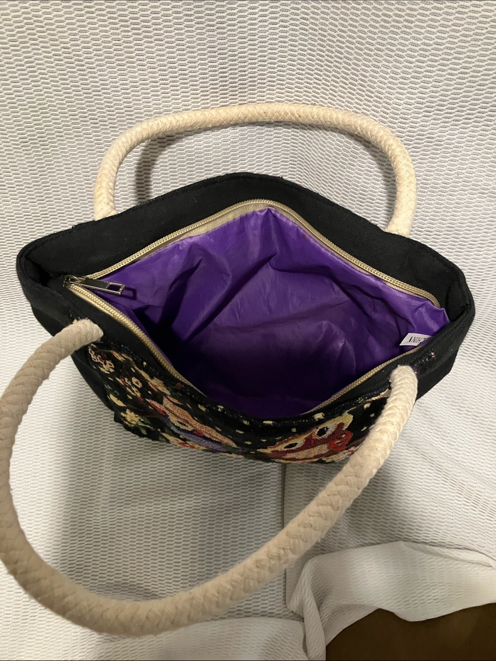 Black Owl Tapestry Tote with Cream Rope Handles - Picture 6 of 8